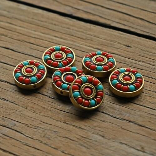 TZ013 Nepal Beads Handmade Tibetan Style Bead, Brass with Synthetic Coral Turkey stone Six-word Mantra Beads For Jewelry Making