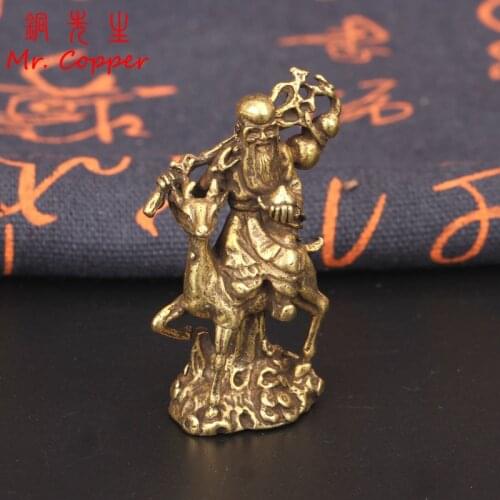 Pure Copper Chinese God of Longevity Riding Deer Ornament Birthday Gifts Craft Antique Bronze Buddha Statue Figurine Miniature