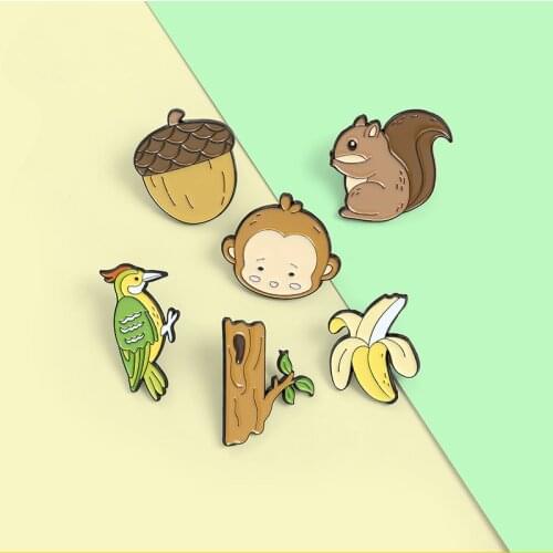 Forest Animal Enamel Pins Monkey Banana Squirrel Pine Cones Woodpecker Trunk Brooch Lapel Pin Badge Bag Jewelry Gift for Friends