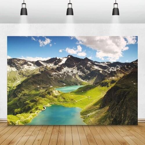 Laeacco Natural Backgrounds Mountain Lake Green Grass Blue Sky Cloud Landscape Photographic Backdrops For Photo Studio