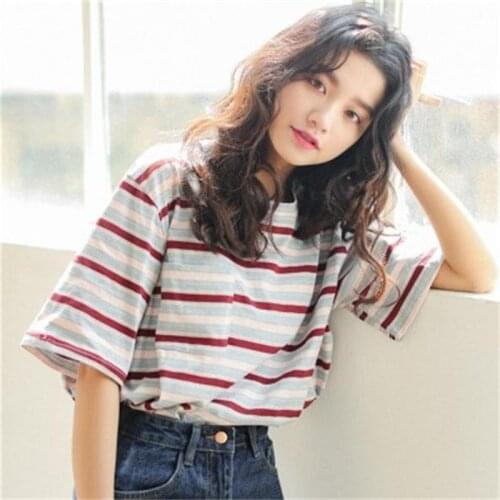 Korean O-neck T Shirt Women Kawaii Pink Striped Tops Harajuku Tshirt Summer Short Sleeve Casual Loose T-shirts Camiseta Feminina
