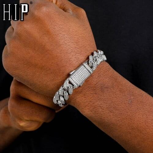 Hip Hop 14MM Cuban Link Chains Bling Iced Out CZ Setting AAA+ Cubic Zirconia Box Buckle Bracelet For Men Jewelry