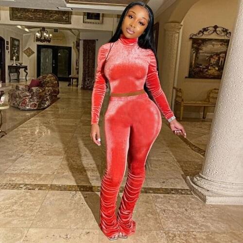 Imcute Sexy Velvet Two Piece Set Jumpsuit Long Sleeve Top+Stacked Leggings Flare Pants Tracksuit Fall club Outfits Matching Set