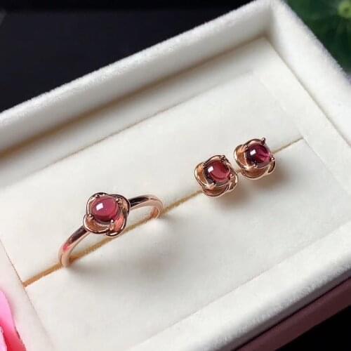 New original design creative garnet ring earrings set light luxury rose gold bud charm womens brand silver jewelry