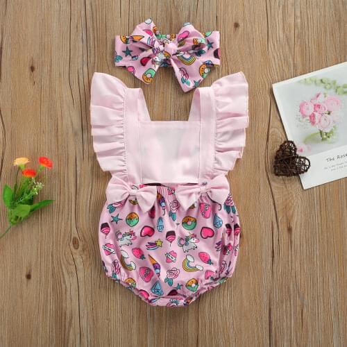 0-18M Lovely Baby Girls Rompers Ruffles Shorts Rainbow Printed Bow Backless Jumpsuits Headband