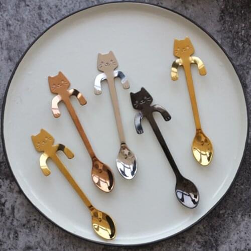 Cute Stainless Steel Cat Coffee Drink Spoon Tableware Kitchen Tool Hanging cups