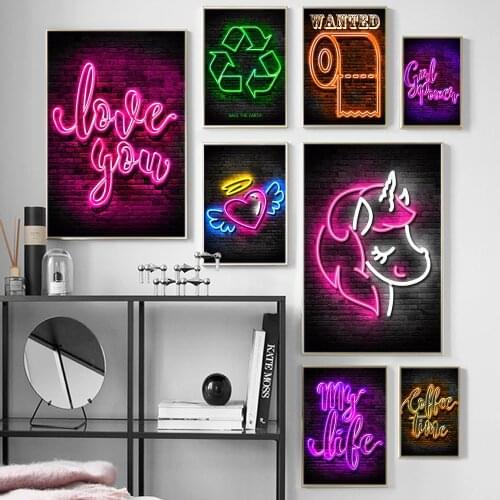 Cute Unicorn Angel Neon Sign Posters Prints WordArt Coffee Girl Power Canvas Painting Modern Glow Roll Paper Wall Decor Pictures