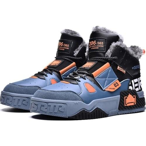 Mens Winter Sneakers Blue Fashion Printed Platform Cotton Snow Shoes Plush Boots for Men Outdoor High Top Male Sneakers Casual