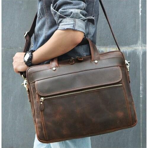 Mens Brown Briefcase Genuine Leather 2018 Vintage Crazy Horse Leather Travel Big Business 15" Laptop Shoulder Crossbody Bags