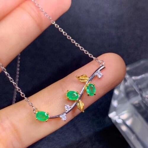 Natural green Emerald Necklace natural gemstone Pendant Necklace S925 silver elegant Leaves branches woman gift party Jewelry