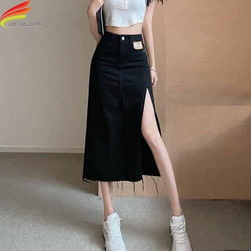 New 2021 Summer Side Split Denim Skirt Women Street Wear High Waist Blue Or Black Long Skirts Womens A Line jupe en jean