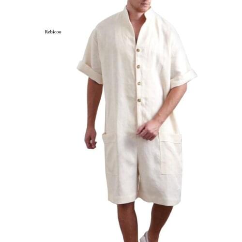 Men Spring Summer Jumpsuit Cargo Jumpsuit Punk Style Hip-Hop Pockets Loose Pants Solid Short Sleeve Jumpsuit Shorts Streetwear