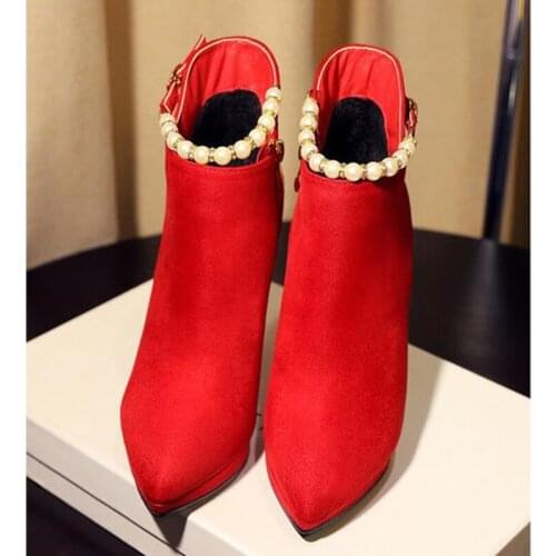 Autumn sexy Sharp head Wedding shoes Commute Stiletto Rhinestone Pearl gules woman Short boots plus size 34-39