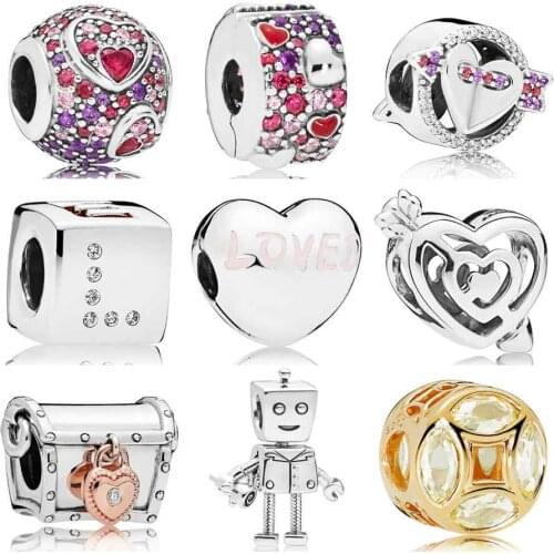 QANDOCCI Asymmetric Hearts Of Love Dice Arrow Pierces Loved Heart Rob Bot Charm Fit Pandora Bracelet 925 Sterling Silver Jewelry