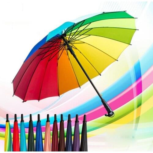 Rainbow umbrella 16 long shank bone rainbow umbrella Pure color rods sunshade cloth rain gift umbrella lighting strike