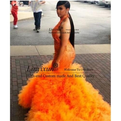 Sexy Halter Open Back African Orange Mermaid Prom Dresses for Black Girls Graduation Dress Long Women Formal Evening Gowns Puffy