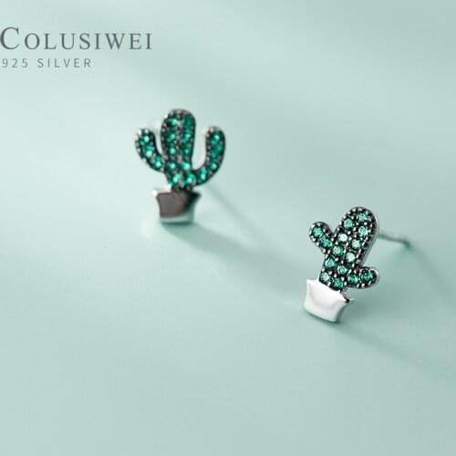 Colusiwei Brands Collection 100% 925 Sterling Silver Green Crystal Mini Plant Cactus Stud Earrings for Women Female Fine Jewelry