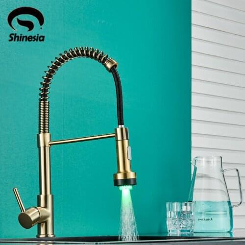 Shinesia Black Spring Kitchen Sink Faucet Sprayer Stream Spout Pull Down Spout Kitchen Mixers Deck Mount Hot and Cold Water Tap