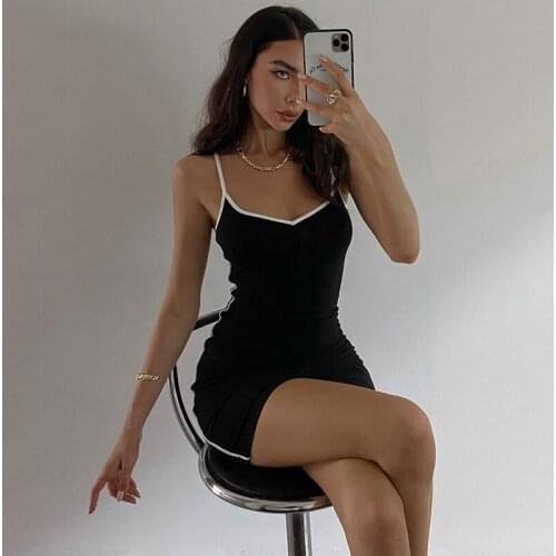 Sexy Black Bodycon Dress Spaghetti Strap White Line Backless Slim Party Club Dresses Streetwear 2021 Missnight