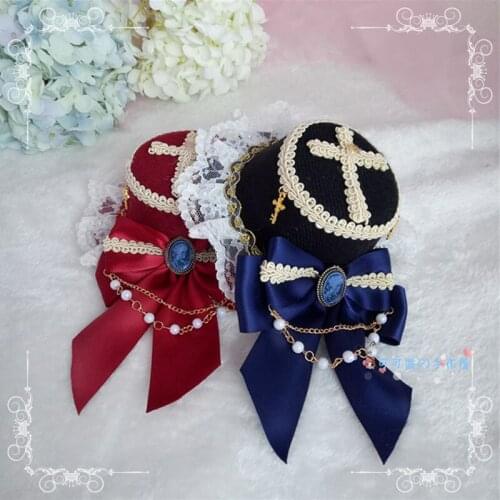 Navy Wine Red Retro Top Hat Headwear With baby JSK Soft Girl Lace Trim Cross Bow Comicon Hairpin Accessories Lolita Cosplay Cap