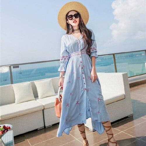 Vintage Flower Embroidery Shirt Dresses Women Cotton Linen Summer Maxi Long Sleeve Bohemian Ethnic Holiday Beach Dress Clothing