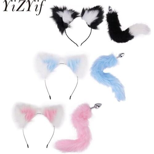 YiZYiF Sexy Fox Tail Plug Faux Fur Plush Hairpin Cute Cat Ears Headband Headdress with Butt Anal Plug Tail Chrome Metal Plug