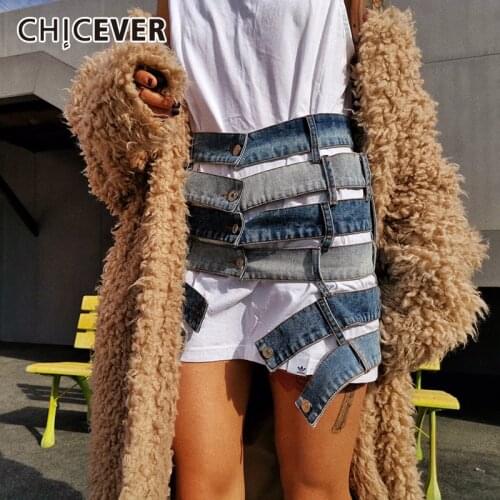CHICEVER Denim Patchwork Hollow Out Single Breasted Womens Skirts Two Pockets Gradient Color Streetwear Bottoms Female 2021 New