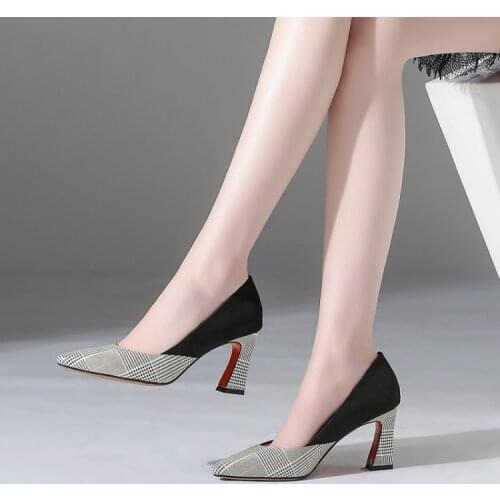 Oversized 12 Ladies High Heels Women Shoes Woman Pumps Light-mouthed single shoe with pointed checked pattern
