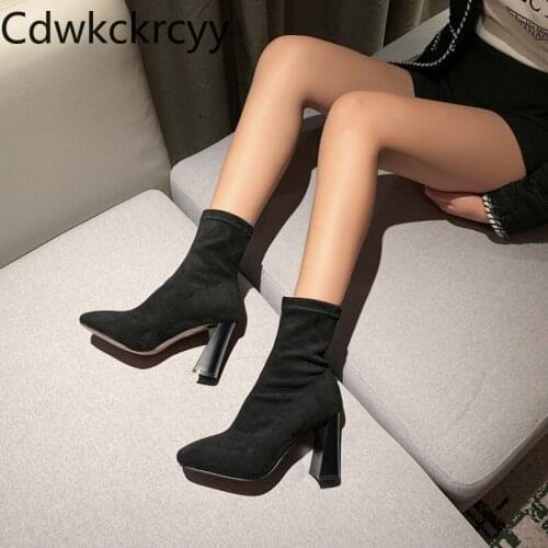 Winter The New fashion Square head elastic force Martin boots Plus cashmere Keep warm High heel Women boots plush size 34-43