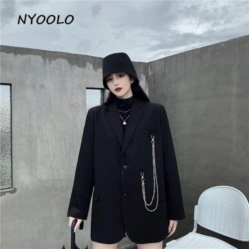 NYOOLO High street chain shoulder pads long sleeve elegant blazer jacket women top Autumn Single breasted pockets coat outerwear