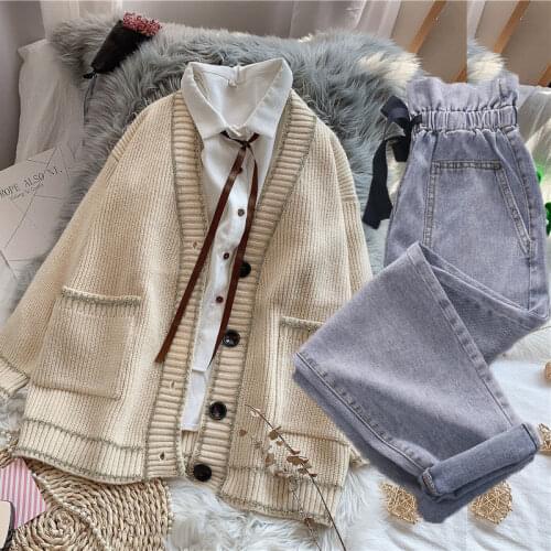 Women 2021 Autumn Fashion 2 Piece Sets Female Knit Sweater Cardigan Jackets Ladies Elastic Waist Straight Denim Pants Suits P181