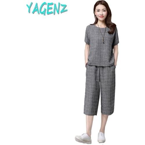 Women Two Piece Set Suit 2019 Summer New Large Size Sets Women Clothing Wide Leg Pants + Short Sleeve Plaid Shirt Casual Sets