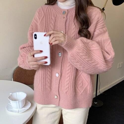 2021 Autumn and Winter New Sweater Soft Waxy French Knit Cardigan Women Retro Twist Round Neck Sweater Irregular Button Coat