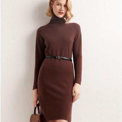 Zocept Autumn Winter Warm 100% Wool Long Dresses Women Pile Collar Knee-Length Knitted Long Sleeve Basic Cashmere Pullover Dress