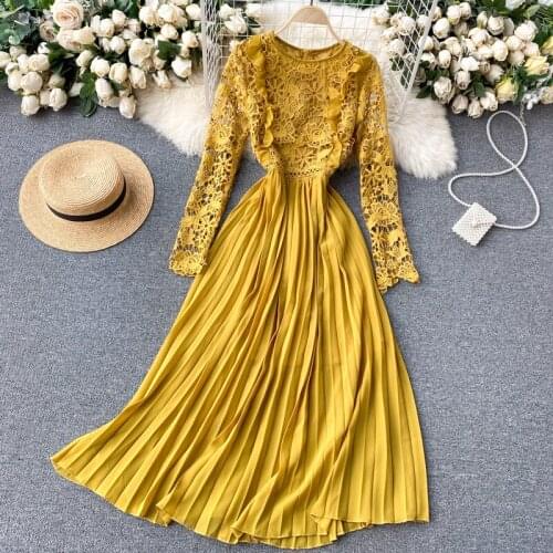 New Spring Autumn Women Long Sleeve Slim Long Dress High Quality Sweet Ruffles Chiffon Pleated Hem Hollow Out Lace Dress