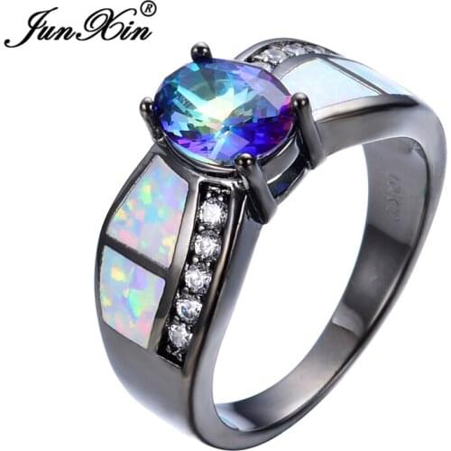 Rainbow Oval Female Opal Ring Black Gold Filled Jewelry Natural Stone Party/Engagement/Wedding Rings For Men And Women