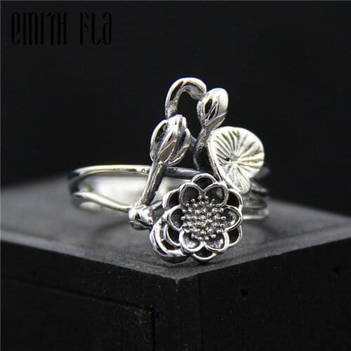 Genuine 925 Sterling Silver Female Vintage Simple Open Rings Lotus Design Fashion Jewelry For Women Opening Adjustable Ring