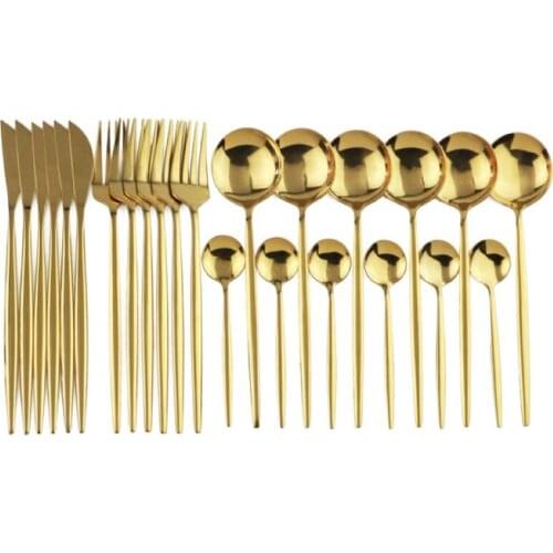 24pcs Gold Dinnerware Set Mirror Stainless Steel Tableware Set Knife Fork Coffee Spoon Flatware Set Dishwasher Safe Cutlery Set
