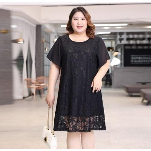 2XL To 7XL Plus Size Women Dress Chiffon Short Sleeve Lace Dresses Female Summer Black Thin O-neck A-line Casual Robes T6033
