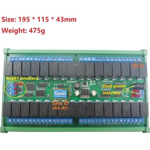 32ch DIN35 C45 Rail Box DC 12V 24V RS485 Modbus RTU Relay Board 485 Bus Remote Control Switch for LED Motor PLC PTZ Camera Smart