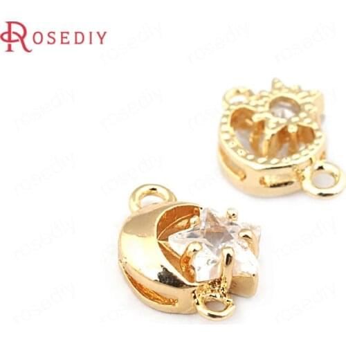 33690)6PCS 14*10MM 24K Gold Color Brass with Zircon Star and Moon Charms Pendants High Quality Diy Jewelry Findings Accessories