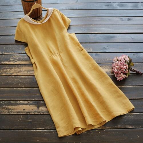 6440 New Summer Women Dress Mori Girl Literary Linen Turndown Collar Loose Short Sleeve A-Line Midi Dresses Women