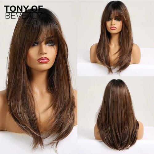 Long Straight Synthetic Wigs With Bangs Ombre Brown Natural Daily Party Hair Wigs For Black Women Heat Resistant Fiber Wigs
