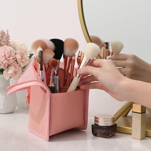 Travel Makeup Brush Bag Portable Makeup Brush Holder Organizer Pouch Waterproof Stand-Up Practical Mesh Storage Case J2Y