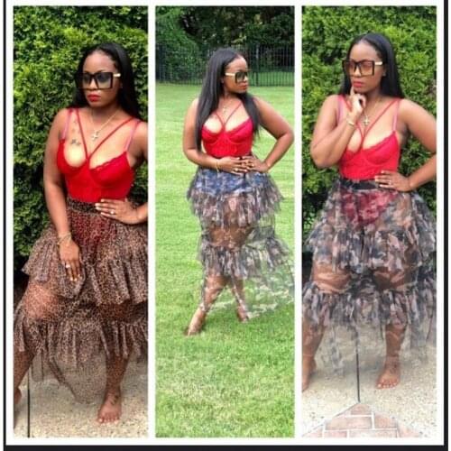 2021 New Fashion Leopard Print Tulle Skirt South African Women Sexy See Through Tiered Mid -Calf Skirts Jupe Femme Falfas