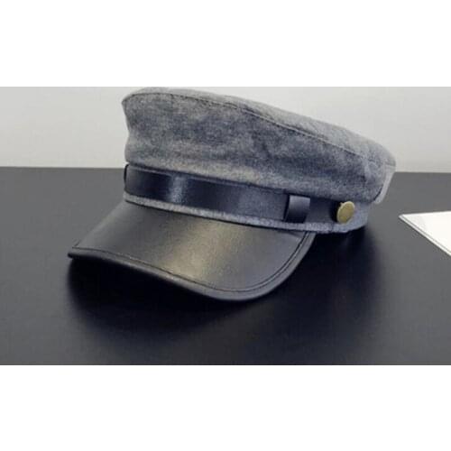 2019 New Flat Top Winter PU Cap Fashion Wool Military Hat Woman Autumn Winter Warm Thickening PU Leather Bone Newsboy Cap H4