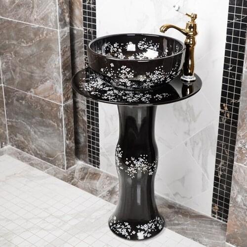 Ceramic Pedestal Basin Jingdezhen Hand Basin Integrated Vertical Washing Hotel Bathroom Basin Floor Sink black plum blossom