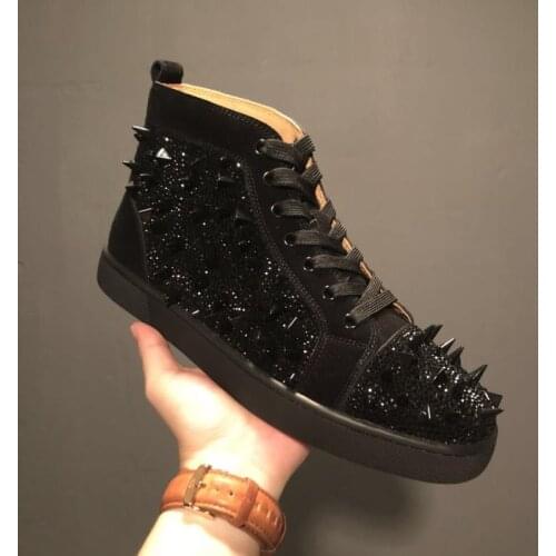 Rivet high top mens shoes black velvet Leather Black Diamond full drilling Olympic diamond casual shoes red tide shoes couple