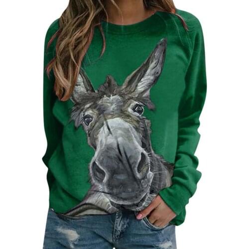 New Women Fashion Autumn Long Sleeve Pullover Blouse Donkey Print Loose Sweatshirt