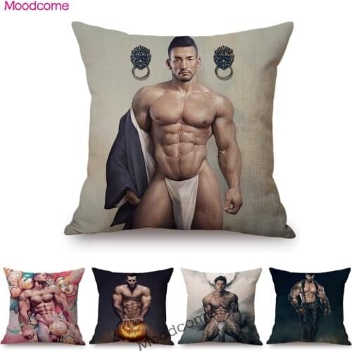 New Sexy Muscle Man King Prince Charming Tempting Male Art Gay Home Decorative Sofa Throw Pillow Case Cotton Linen Cushion Cover
